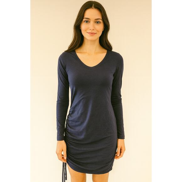 Sundry 1 (S) double layer ruched side knit long sleeve midi dress blue comfort - Picture 1 of 8